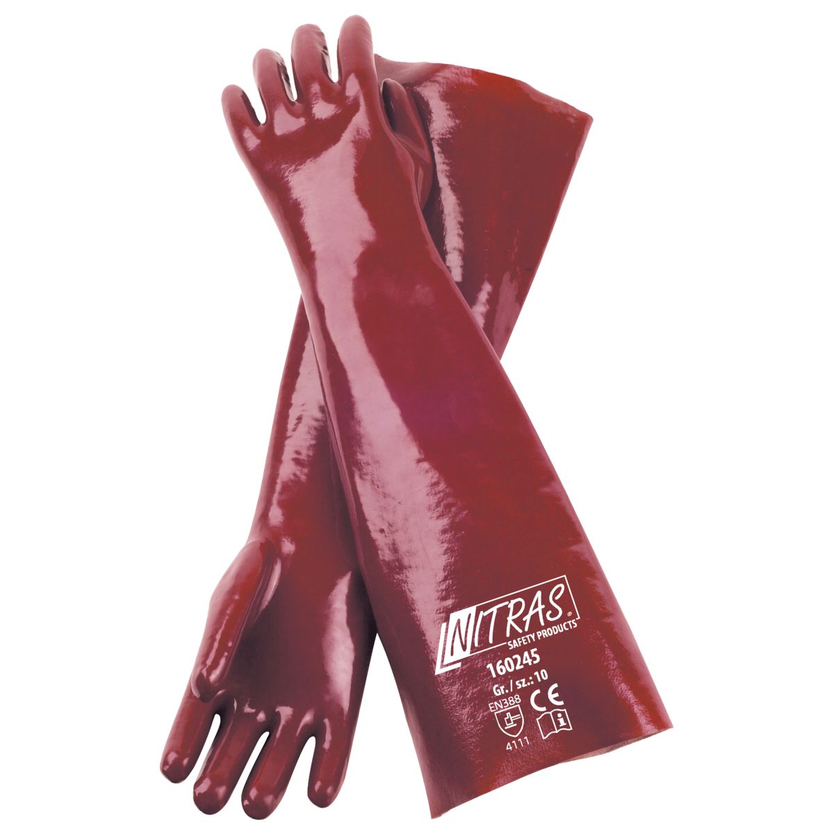 NITRAS 160245 PVC-Handschuhe, rot, vollbeschichtet auf Baumwollträger, 45cm Länge