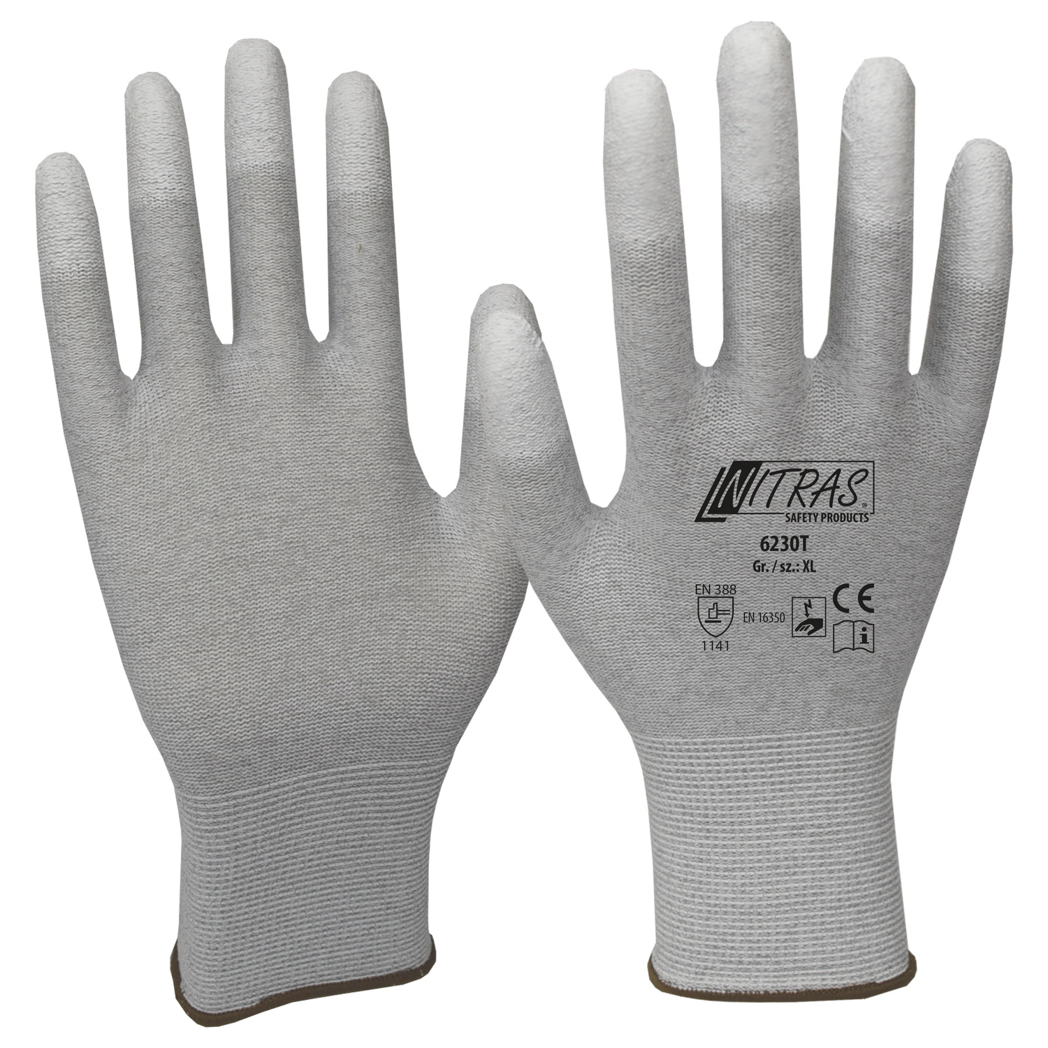 NITRAS 6230T ESD Handschuhe, Nylon-Carbon-Strick, antistatisch, PU-Beschichtung, touchscreenfähig
