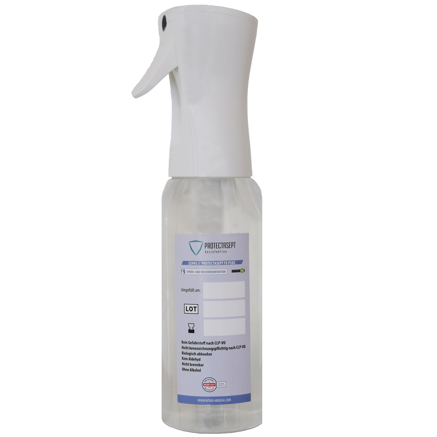 NITRAS® Medical Airpump Sprühflasche 500 ml mit Innenbeutel, weißer Kopf, incl. 5 Etiketten