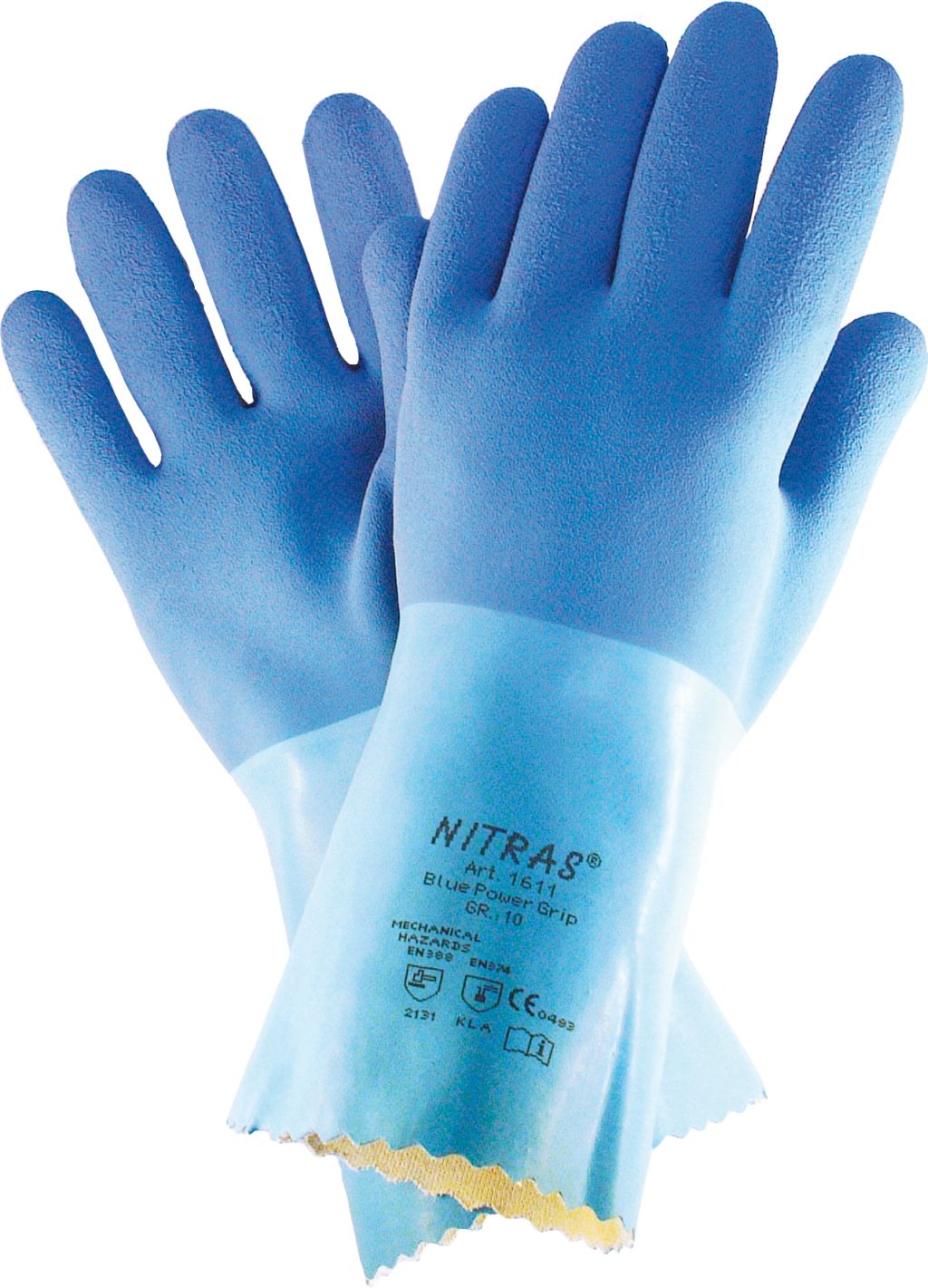 NITRAS Blue Power Grip 1611 Latexhandschuhe, blau, geraute Hand, auf hochwertigem BW-Gewebe
