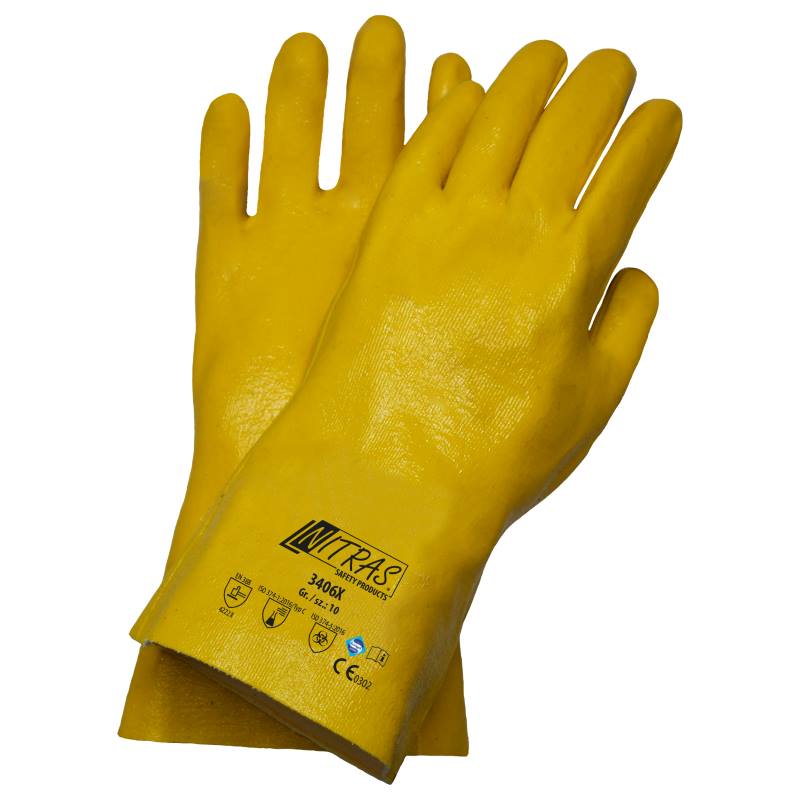 NITRAS 3406X Premium Chemikalienschutz-Nitrilhandschuhe, gelb, vollbeschichtet auf BW-Trikot, 30 cm