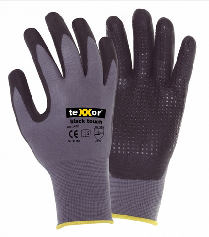 teXXor „black touch” Nylon-Strickhandschuhe mit Nitrilbeschichtung und Nitril-Noppen